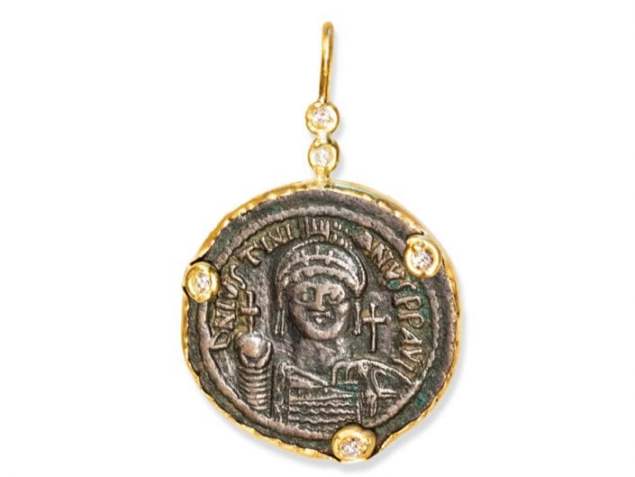 Ancient Byzantine Coin encased in 22k Gold with Diamond Accents