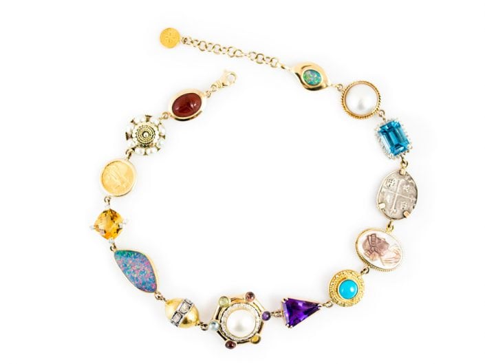 Bohemian Choker featuring multiple gemstones and coins set in 14k Gold