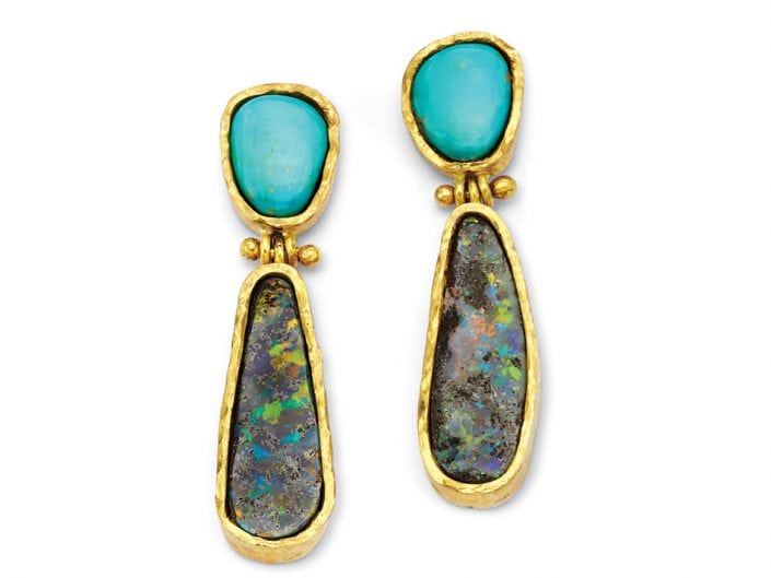 Boulder Opal and Turquoise Earrings surrounded by hand-formed, 22k gold
Boulder Opal and Turquoise Earrings