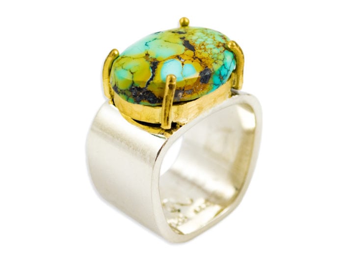 Royston Turquoise Ring set in 14k white gold on a square, brushed sterling silver band.
Royston Turquoise Ring