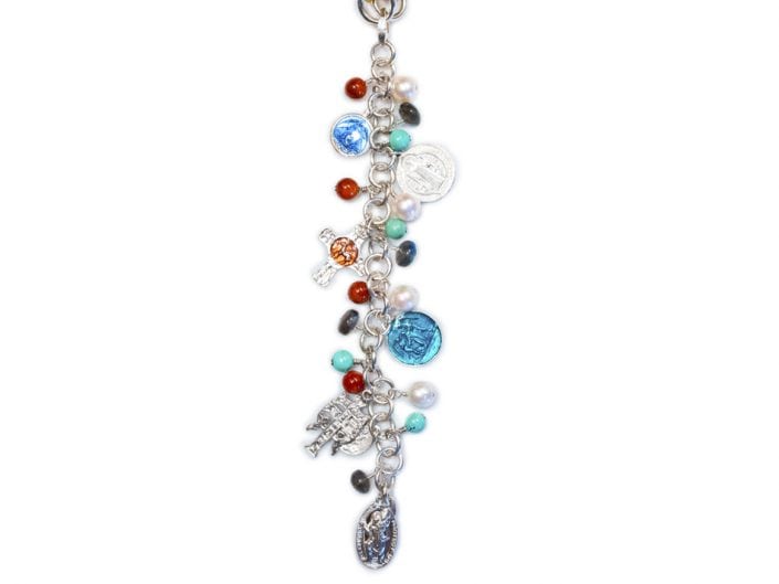Sterling Silver and Enameled Religious Charms on a stitched leather cord that can be worn in several arrangements as either a necklace or bracelet.
