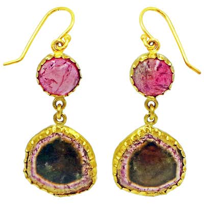 Russian Tourmaline 22 Karat Gold Wrapped Dangle Earrings