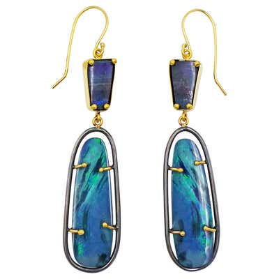 Hand-Forged Oxidized Silver and 22 Karat Gold Australian Opal Dangle Earrings