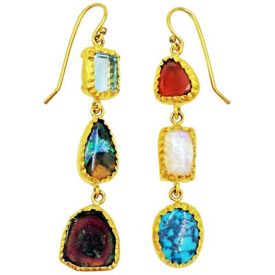 Multi-Gemstone 22 Karat Gold Wrapped Dangle Earrings