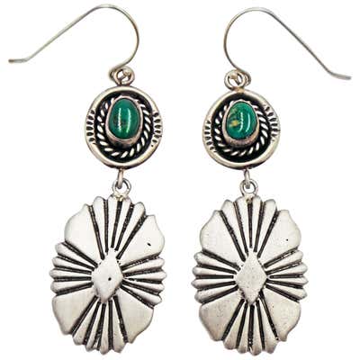 Old Pawn Vintage Turquoise 2-Tier Sterling Silver Dangle Earrings