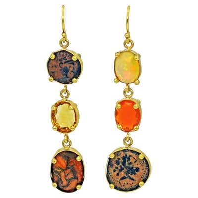 Multi-Gemstone and Ancient Coin 22 Karat Gold Asymmetrical Dangle Earrings