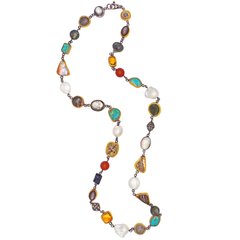 Ancient Bronze Coin, Vintage Cameo and Multi-Gemstone Long Bohemian Necklace