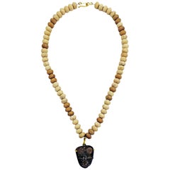 Pre-Columbian Carved Stone Pendant on Roman Stone Bead Necklace
