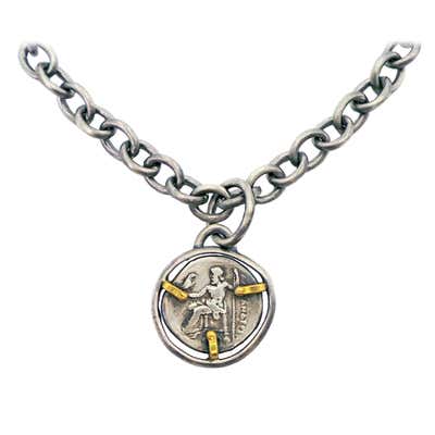 Ancient Greek Drachm Silver Coin Reversible Pendant on Oxidized Chain Necklace